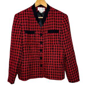 Saville Suit Black & Red Houndstooth Wool Blend Preppy Blazer Jacket 14 Petite